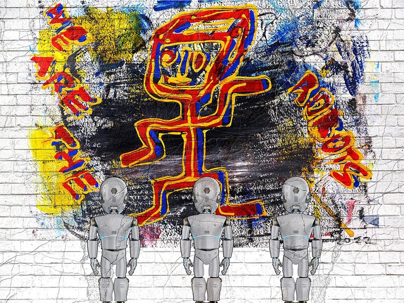 “We are the Robots”. 100x75. Acrylic, pencil, digital. Amsterdam 2023. Limited acrylic glass print signed by the artist.