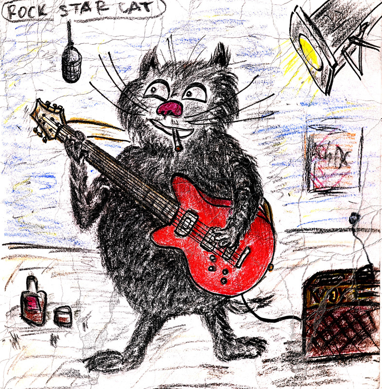 “Rock Star Cat”. 30x30. Whisky, charcoal, pencil, aquarelle and rock-n-roll. Dusseldorf 2023. Limited framed print signed by the artist. Humans say: “If you did not dream of becoming a rock star before you are 30, then you have no heart. If you dream of becoming a rock star after you are 30, then you have no brains”. Well, the cats never become 30, so they always dream of becoming a rock star. For some of them dreams come true. 