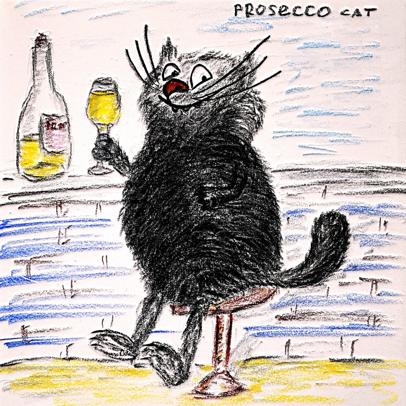 “Prosecco Cat”. 30x30. Prosecco, charcoal, pencil, digital and summer vibe. Saint–Tropez 2022. Limited framed print signed by the artist. A certificate of artistic achievement Luxembourg Art Prize.  Vacation in Saint–Tropez, 2022. The place where the great impressionists like Matisse, Cross and Van Rysselberghe created their masterpieces. Musee del’Annonciade where some of the masterpieces are exhibited. Expectation – get a lot of inspiration, paint day and night, and create a pointillist chef-d’œuvre. Reality – hanging by the bar at the beach making occasional drawings with an unsteady hand after a couple of proseccos. Just like this cat.